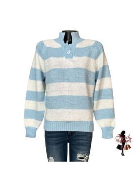 Liz Thomas Vintage Knit Sweater Medium Blue White Chunky Stripes Fall Collared